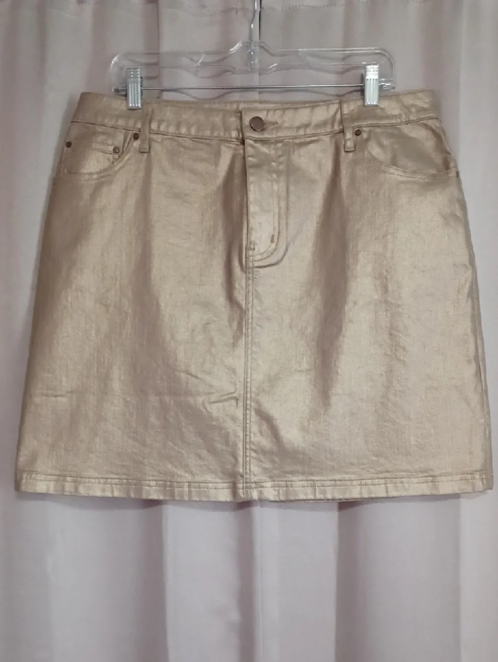 Boden Gold Metallic Denim Mini Skirt 5 Pocket Zip Fly Button Closure Like New